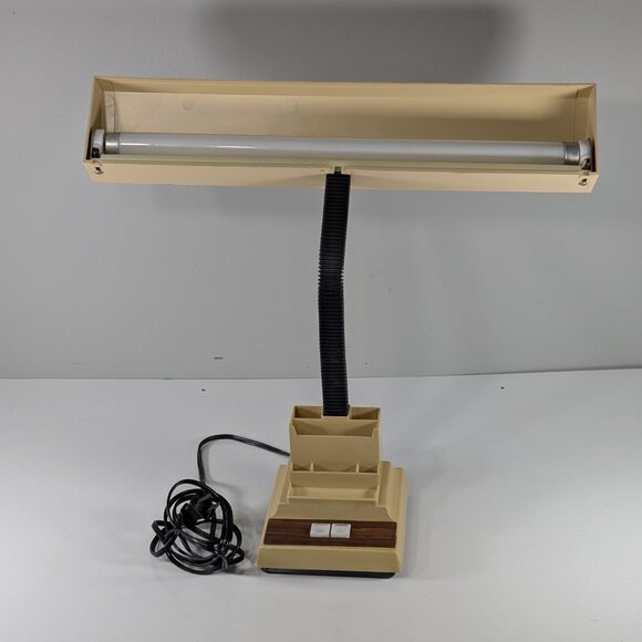 Vintage Beige Adjustable Gooseneck Fluorescent Desk Lamp with pen storage - Picture 7 of 15